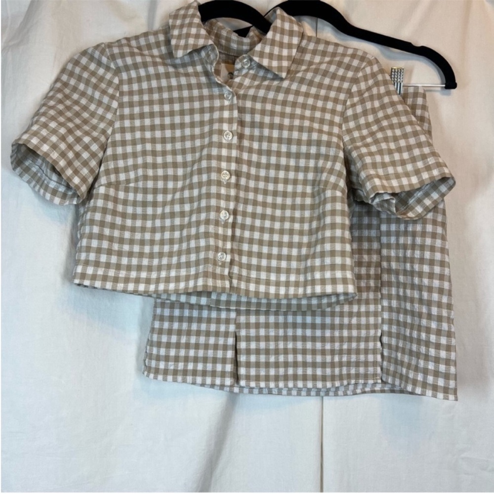 Beige Gingham Short-Sleeve Shirt & Skirt Set